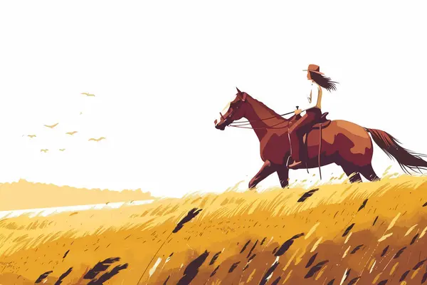 Elegant Horseback Rider Rural Landscape Isolated Vector Style Ilustração De Stock