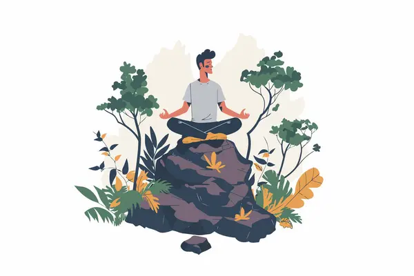 Людина Медитує Спокійному Лісі Розташування Ізольований Векторний Стиль Ліцензійні Стокові Ілюстрації
