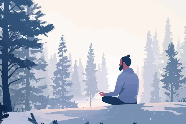 Людина Медитує Спокійному Лісі Розташування Ізольований Векторний Стиль Векторна Графіка
