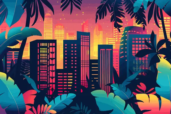 Városi Dzsungel Megvilágított Neon Fények Elszigetelt Vektor Stílusban Vektor Grafikák