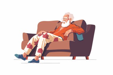 Pijamalı yaşlı adam, izole edilmiş bir vektör tarzında koltukta dinleniyor.