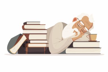 Yorgun yaşlı adamın açık kitapların yanında uyuması, izole edilmiş vektör stili.