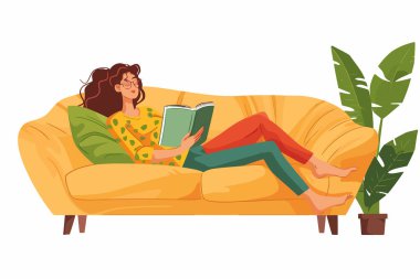 Pijamalı bir kadın, izole edilmiş bir vektör tarzında koltukta dinleniyor.
