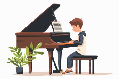 Piyano stoğunda oynayan çocuk imajı izole edilmiş vektör çizimi