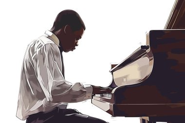 siyah adam piyano stoğunda oynuyor görüntü izole vektör çizimi