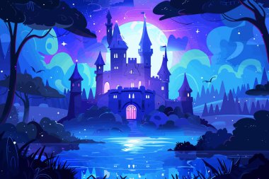 Enchanted Castle with Moonlight stock image isolated vector style illustration clipart