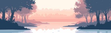 Misty River Bend at Dawn isolated vector style illustration clipart