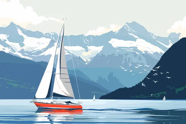 stock vector Sailing on Lake Geneva with the Swiss Alps