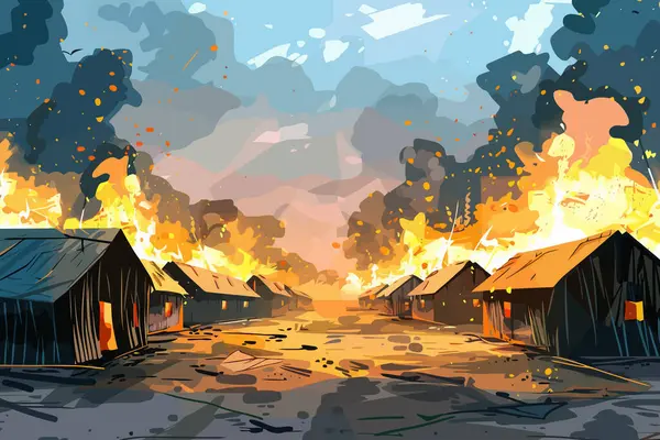 stock vector Refugee Camp on fire isolated