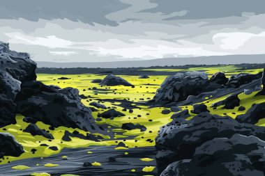 Moss-Covered Lava Fields Under Cloudy Sky isolated illustration illustration clipart