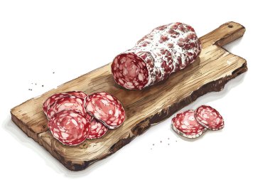 Dry-Cured Salami Sliced on Rustic Board isolated illustration clipart