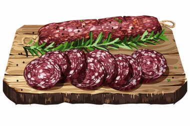 Dry-Cured Salami Sliced on Rustic Board isolated illustration clipart