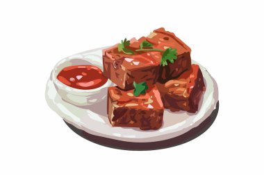 Garlic-Infused Pork Belly Squares with Dipping Sauce isolated illustration clipart