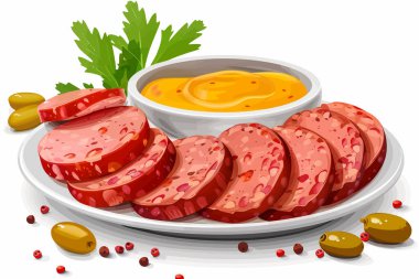 Smoky Kielbasa Dilimleri Hardal Dip izole bir illüstrasyon