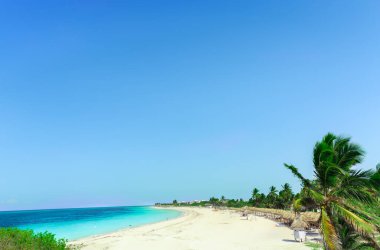 Cayo Coco, Cuba, gorgeous amazing,beautiful view on white sand beach,tranquil,turquoise ocean and blue clear sky on sunny day, tourism,vacation,travel background clipart