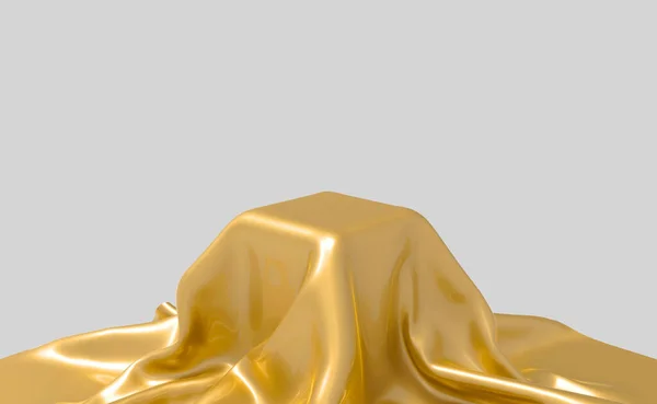 Weergave Golden Cloth Bedekt Met Kubus Met Grijze Achtergrond — Stockfoto