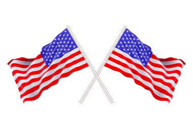 3D görüntüleme. Mavi gökyüzü arka planında izole edilmiş kırpma yolu ile ABD ulusal bayrağını sallayan rüzgarlı hava.