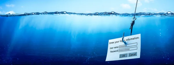清澈蓝水中的大钩子的登录信息 网络钓鱼凸轮概念 — 图库照片