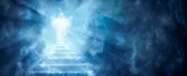 Jézus Krisztus Lépcsőn Felhők Ragyogó Fény Felemelkedés Visszatérés Krisztus Koncepciója — Stock Fotó