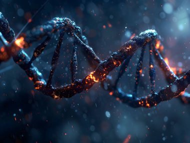 Ateşli Parlak Dijital Çift Heliks DNA Molekül Soyut Arkaplan Fütürist Genetik Bilimi ve Teknolojisi 3B Sunumu