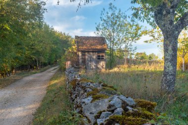 Güneybatı Fransa 'da eski bir bahçe kulübesi, güneşli bir sonbahar gününde hiç kimsenin olmadığı Camino de Santiago patikası boyunca çekildi.