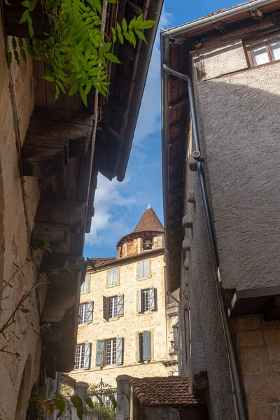 Πέτρα Πρόσοψη Κτιρίου Στην Ιστορική Συνοικία Figeac Γαλλία Λαμβάνονται Μια — Φωτογραφία Αρχείου