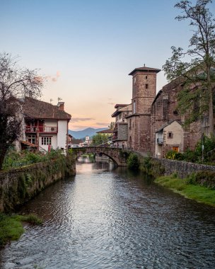 Nive Nehri 'nin Güney Batı Fransa' nın Bask Bölgesi 'ndeki Saint-Jean-Pied-de-Port kasabasını geçişinin dikey görüntüsü, güneşli bir yaz gününde tanınan hiç kimsenin olmadığı bir yerde çekildi..