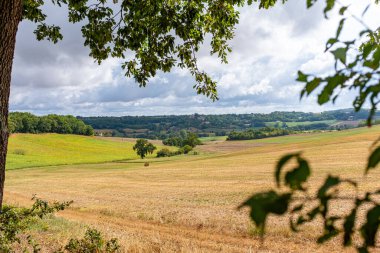 La Romieu yakınlarındaki Güney Batı Fransa 'nın güzel manzarasını çevreleyen bitki örtüsü kısmen bulutlu bir günde hiç insan olmadan çekildi.