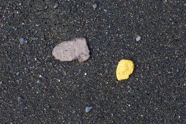 Fuerteventura, Kanarya Adası 'nın volkanik kıyısındaki kara kumdaki taş.
