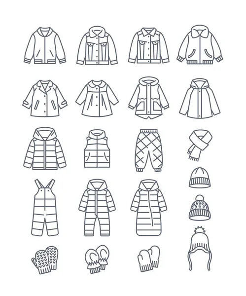 Дитячий Верхній Одяг Теплий Одяг Тонка Лінія Значків Куртки Пальто — стоковий вектор