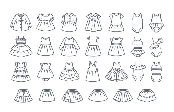 Baby Mädchen Kleider Dünne Linie Symbole Verschiedene Süße Kleider Mit — Stockvektor