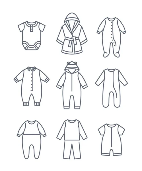 赤ちゃんの寝具布細い線のアイコン 子供服のシンプルな線形ピクトグラム パガマ ルーパー ボディスーツ バスローブ 子供用ワードローブ かわいい服のための新生児 男の子または女の子 — ストックベクタ