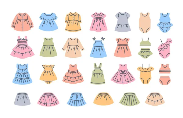 Bebé Niña Vestidos Color Línea Relleno Iconos Diferentes Vestidos Con — Vector de stock
