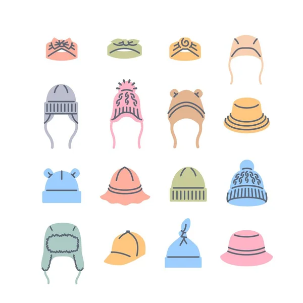 赤ちゃんの帽子の色は線のアイコンを埋める 子供服のシンプルな線形ピクトグラム かわいい帽子 新生児 小さな男の子または女の子のためのパナマ 子供のワードローブの服 熊の耳で暖かい帽子 — ストックベクタ