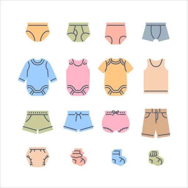 Baby Icone Linea Riempimento Colore Panno Bambini Abbigliamento Semplici Pittogrammi — Vettoriale Stock