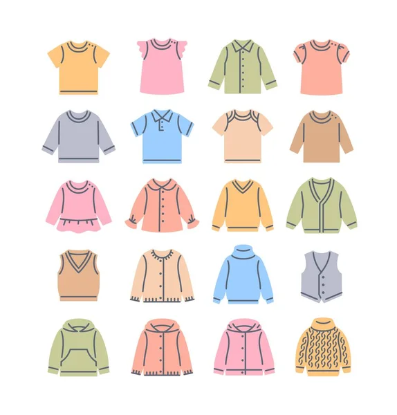 赤ん坊の布の色の記入ラインアイコン 子供服のシンプルな線形ピクトグラム 異なるシャツ セーター カーディガンとベスト 概要子供ワードローブ服 男の子または女の子のための衣装 ロイヤリティフリーストックベクター