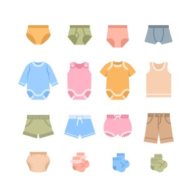 Bebek iç çamaşırı rengi düz simge. İç çamaşırı, külot, boxer, tulum, şort ve çorap. Çocuklar için resim çekimi. Çocuk kıyafetleri işte. Yeni doğan çocuk, bebek, küçük oğlan, kız
