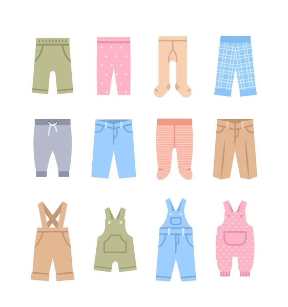 Dětské Oblečení Barevné Ploché Ikony Dětské Oblečení Kreslené Piktogramy Kalhoty — Stockový vektor