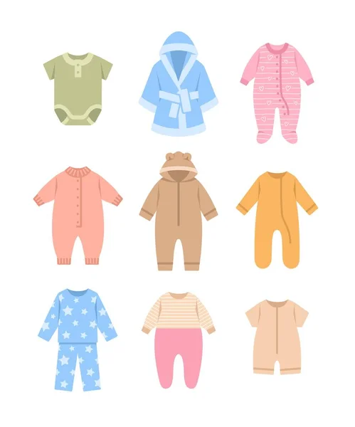 Bebé Ropa Dormir Color Tela Iconos Planos Pijamas Mamelucos Trajes — Vector de stock