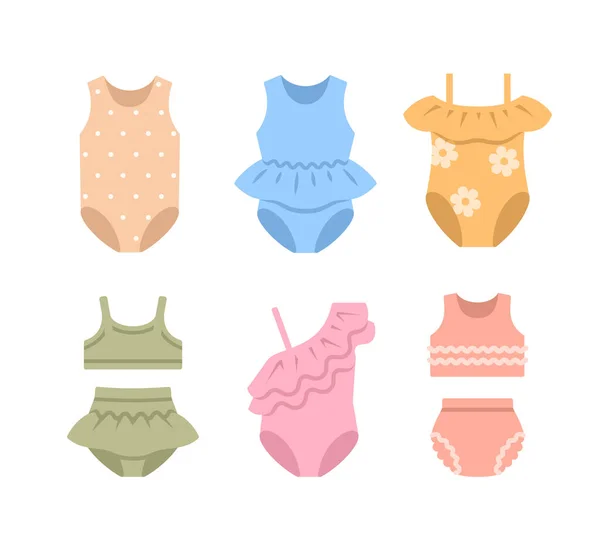 女婴泳衣是扁平的图标 在游泳池和海滩上游泳的不同泳衣 简单的儿童服装卡通画 小女孩的衣橱 — 图库矢量图片