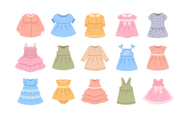 赤ちゃんの女の子は色のフラットアイコンをドレス 毎日と特別な機会のために 長く短い袖の異なるドレスやサンドレス 子供の布のシンプルなカラフルな絵文字 女の子のワードローブ ベクターグラフィックス