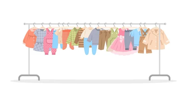 Ubrania Dla Dzieci Długim Wieszaku Sklepowym Mały Chłopiec Dziewczynka Różne — Wektor stockowy