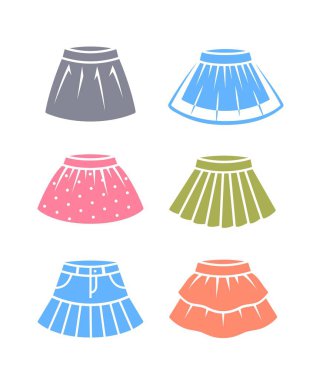 Baby girl skirts color silhouette icons. Different skirts for little girl. Pleated, plaid skirt, flounce, denim, chiffon skirt. Simple solid pictograms of children clothes. Little princess wardrobe