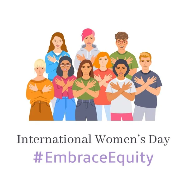 Adopta Campaña Equidad Tema Día Internacional Mujer 2023 Sonriendo Diversas Vectores de stock libres de derechos