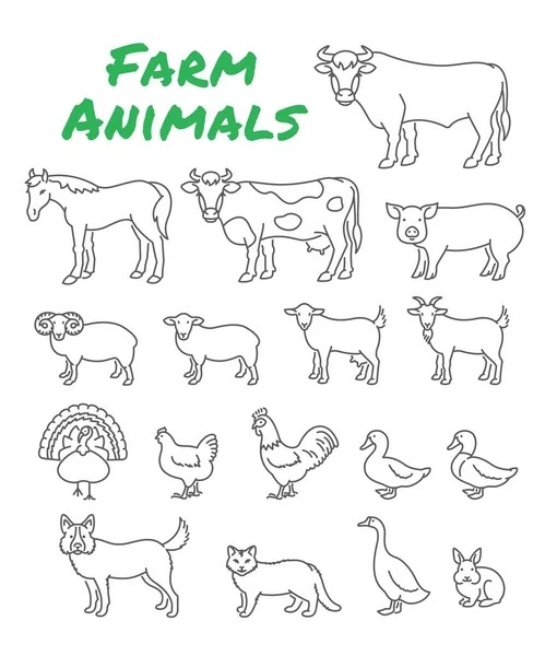Huisdieren Boerderijdieren Eenvoudige Dunne Lijn Pictogrammen Schets Minimale Pictogrammen Van — Stockvector