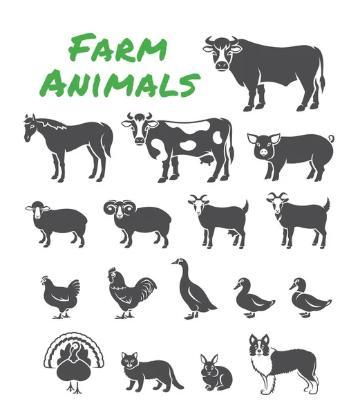 Domestic Farm Animals Solid Silhouette Illustrations Simple Outline Elements Large — Stock Vector