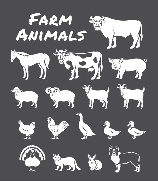 Animali Domestici Fattoria Silhouette Solide Illustrazioni Pittogrammi Bianchi Sfondo Scuro — Vettoriale Stock