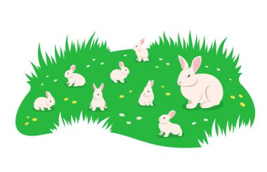 Yeşil yaz çayırlarında otlayan sevimli yavru tavşanlarla anne tavşan. Yeşil çimlerde otlayan küçük sevimli tavşanlar. Basit düz çizgi film çizimi