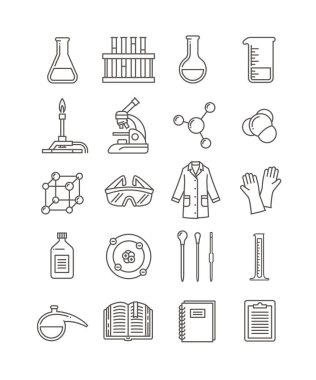 Kimya laboratuarı taslak simgeleri. Kimyasal laboratuvar ekipmanları doğrusal semboller. Kimya dersi, okul öznesi sembolleri. İnce çizgili piktogram mikroskop, matara, brülör, güvenlik gözlükleri, laboratuvar önlüğü, molekül, pipet, atom, test tüpleri.