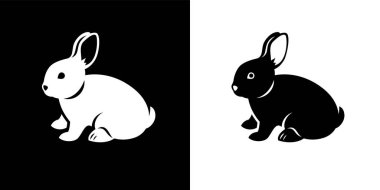 Yavru tavşan ikonu. Şirin tavşancık. Basit siyah beyaz siluetler. Logo tasarımı için en düşük monokrom unsuru. Tam vücut hayvan. Acımasızca, amblem, logoti, rozet için hayvan şablonu üzerinde test edilmemiş.